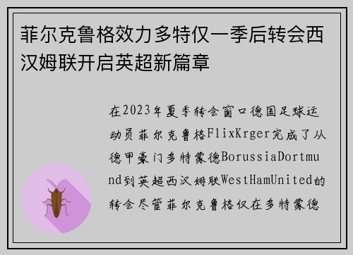 菲尔克鲁格效力多特仅一季后转会西汉姆联开启英超新篇章