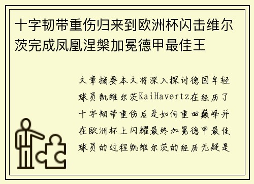 十字韧带重伤归来到欧洲杯闪击维尔茨完成凤凰涅槃加冕德甲最佳王
